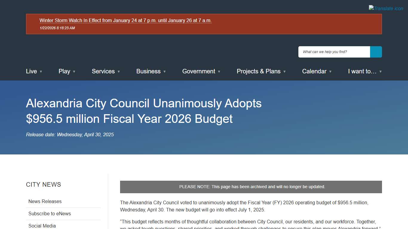 [Current] [Archived] Alexandria City Council Unanimously Adopts $956.5 million Fiscal Year 2026 Budget City of Alexandria, VA
